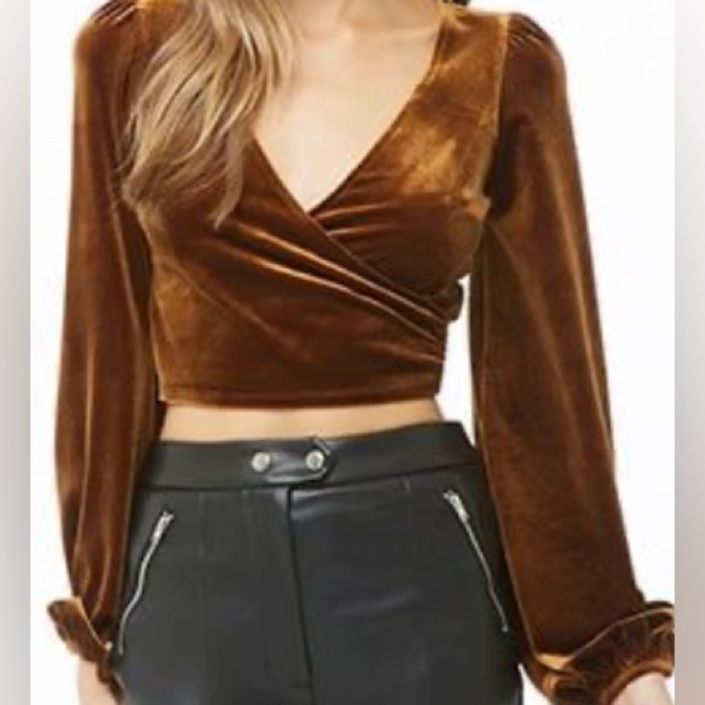 Velvety chocolate wrap top with soft puff sleeves Size XS